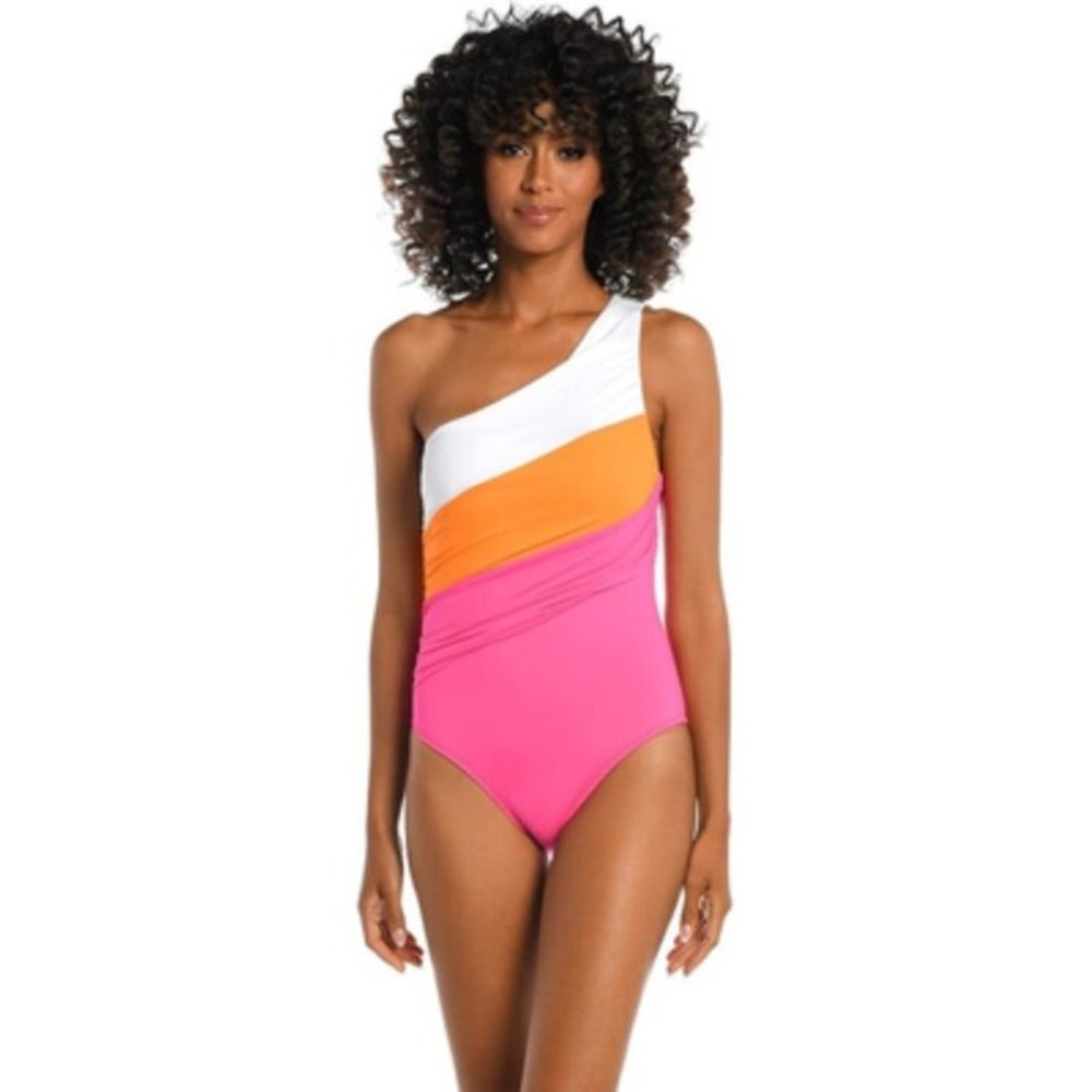 LA BLANCA Pink Orange Colorblock One Shoulder One Piece Swimsuit NWT Size 6